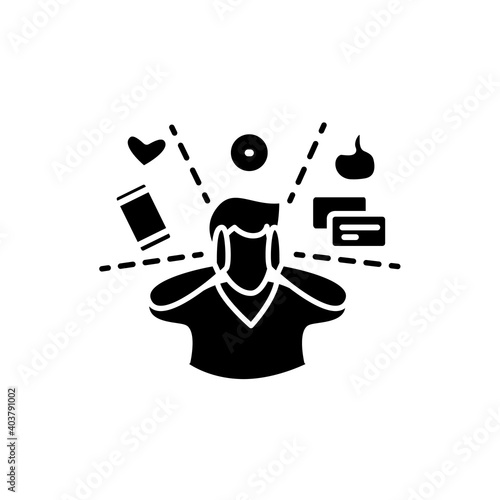 Attention focus glyph icon. Man limiting attention and ignoring social media distractions. Filled flat sign for mindfulness practice and productive thinking. Isolated silhouette vector illustration