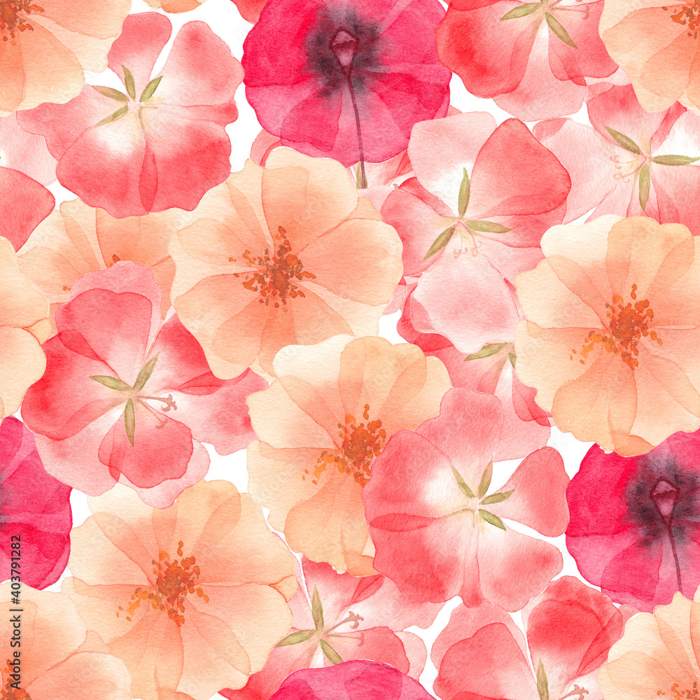 Watercolor red flowers poppy seamless pattern