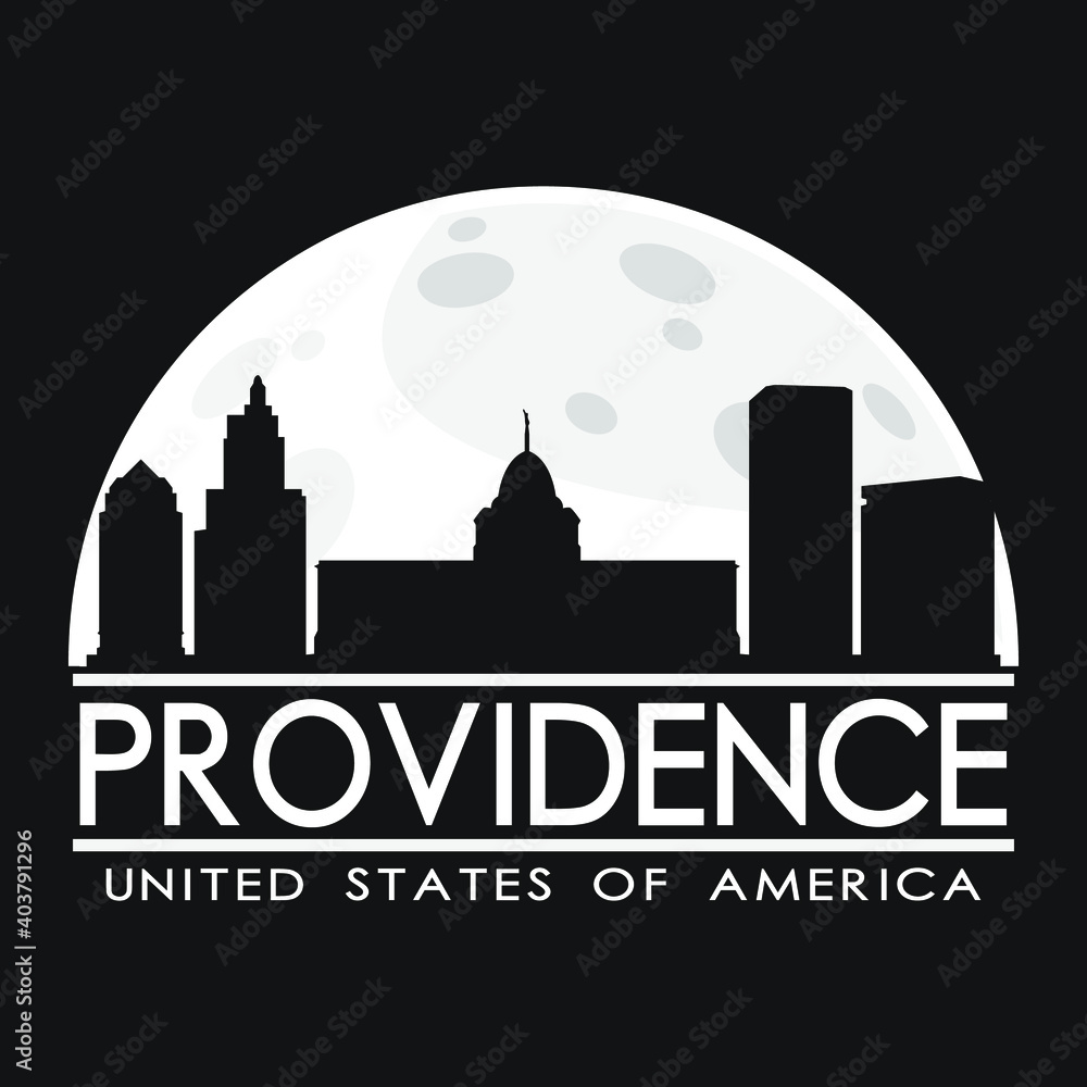 Providence Full Moon Night Skyline Silhouette Design City Vector Art.