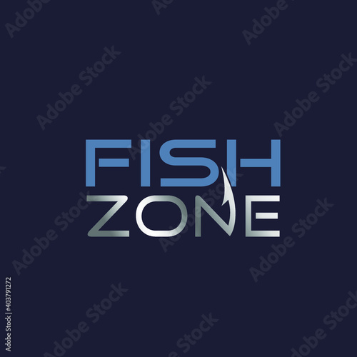 Fish zone word mark logo.Cusomized typography with hook shape.Blue and metallic silver color.Lettering sign isolated on dark background.Type symbol for fishing business.
