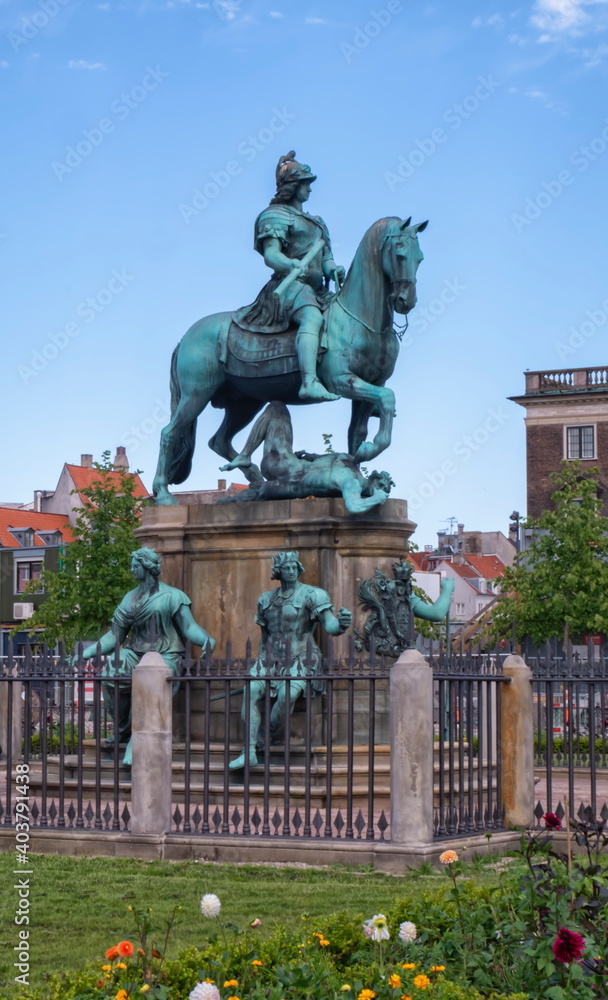 Christian V statue in Kongens Nytorv, King's New Square, in Copenhagen by day, Denmark