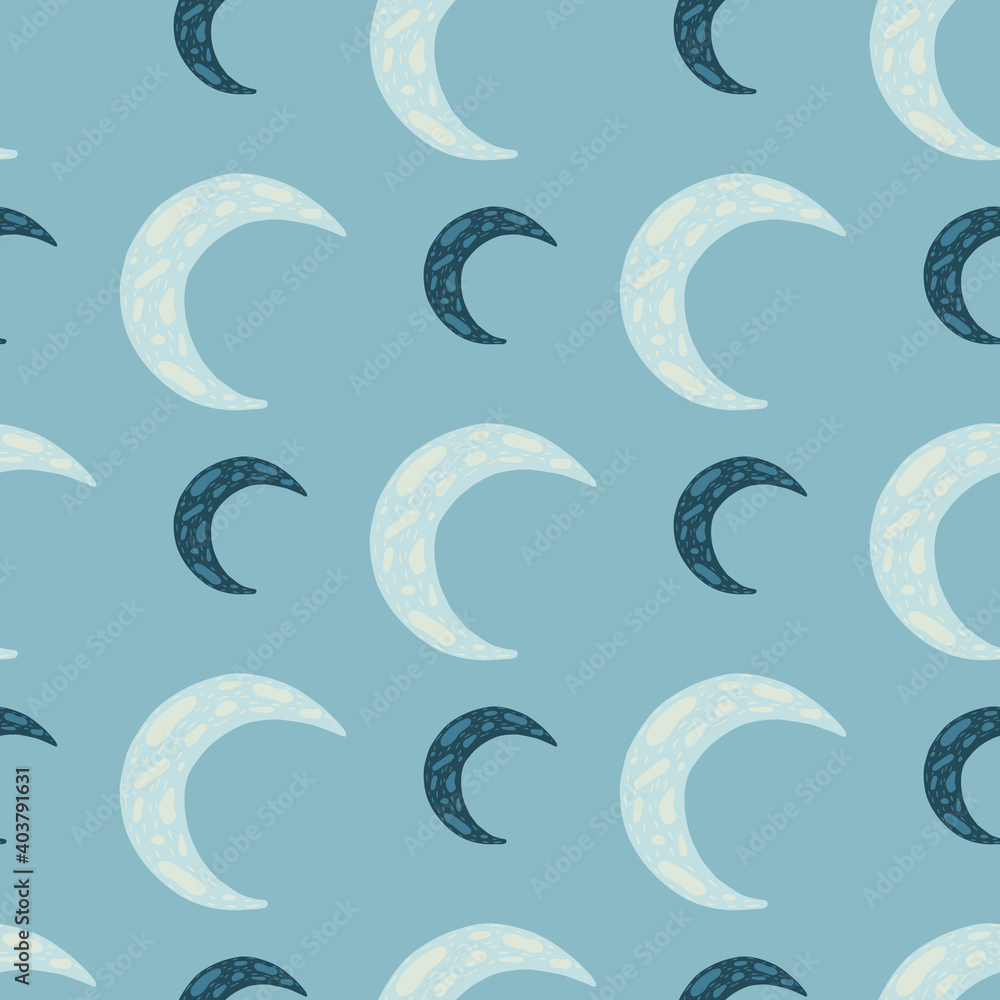 Seamless pattern with kids print. Doodle simple moon silhouettes in blue tones palette.