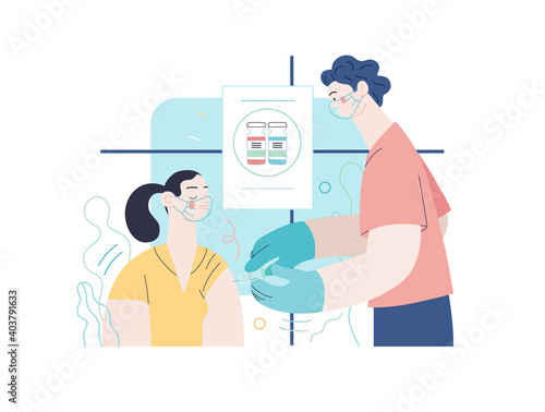 Medical insurance - coronavirus COVID-19 vaccination -modern flat vector concept digital illustration of a therapist vaccinating a female patient, medical office or laboratory