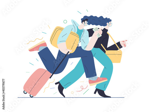 Travel insurance -medical insurance illustration -modern flat vector concept digital illustration - harrying young couple running with suitcases in the airport rush