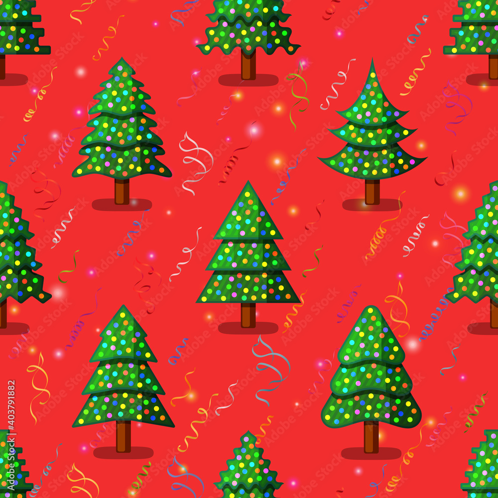 Christmas Seamless Background for Holiday Design, Green Fir Trees with Decoration, Red Tile Holiday Pattern with Stars and Serpentine. Vector