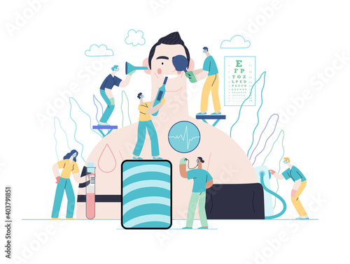 Annual health checkups -medical insurance illustration -modern flat vector concept digital illustration -doctors examing male patient checking hearing, vision, heart, lungs, blood pressure, blood test