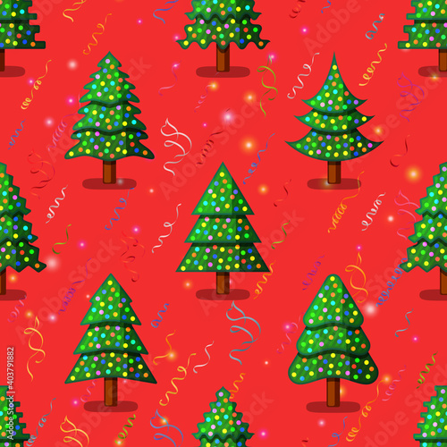 Christmas Seamless Background for Holiday Design, Green Fir Trees with Decoration, Red Tile Holiday Pattern with Stars and Serpentine. Vector © alexokokok