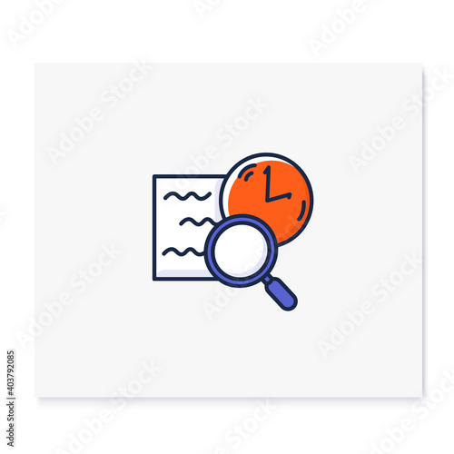 Comprehension color icon. Slow reading with magnifier and clock linear pictogram. Concept of attention tracking, information absorption and tracking lack of attention. Isolated vector illustration