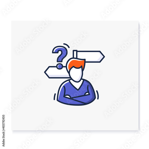 Decision making color icon. Person avatar with two road signs and question linear pictogram. Concept of mind concentration difficulties and deciding trouble. Isolated vector illustration