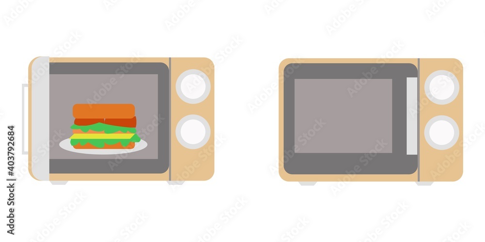 Microwave oven with closed door and microwave oven with sandwich Flat vector illustration Microwave oven with closed door and microwave oven with sandwich Flat vector illustration
