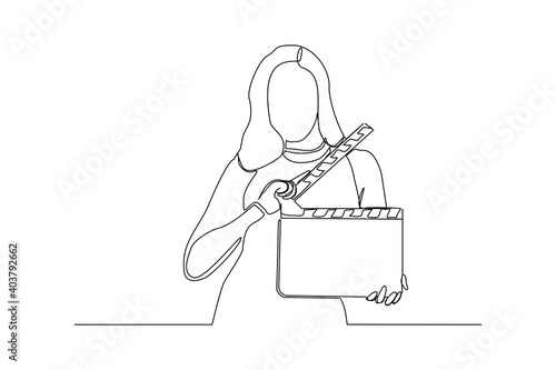 Continuous line drawing of woman hold retro old classic movie board clapper. Vintage film scene taker item concept single one line art design graphic vector illustration