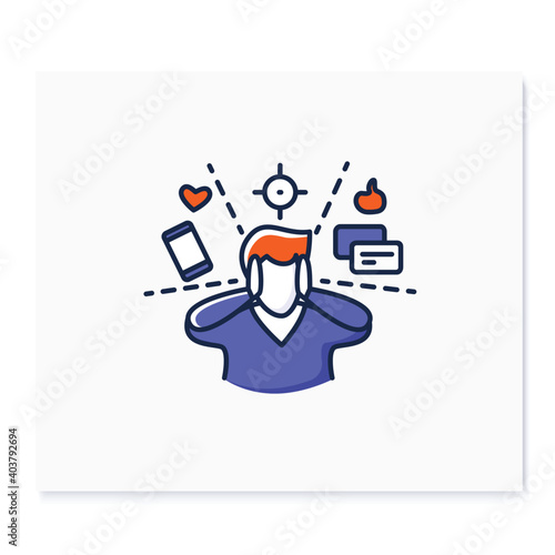 Attention focus color icon. Man limiting attention and ignoring social media distractions. Concept linear pictogram for mindfulness practice and productive thinking. Isolated vector illustration