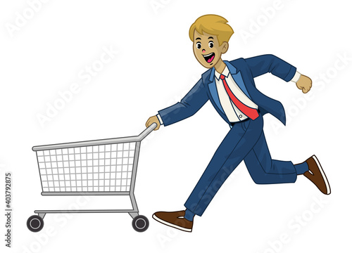 man in suit pushing the shopping cart