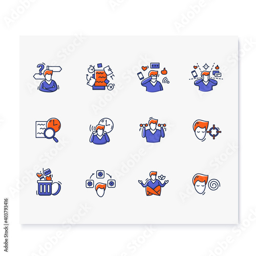 Focus mind color icons set. Pictograms collection for attention management, task and goal setting, mindfulness exercise, decision making and digital information detox. Isolated vector illustrations