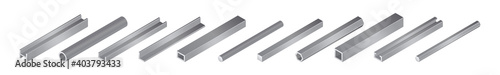 Isometric vector illustrationd different metal profile and tubes isolated on white background. Set of steel beam tubes and pipes vector icons in flat cartoon style. Steel construction materials.