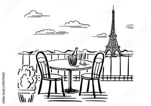 A romantic evening in a cafe on the terrace overlooking Paris. Hand drawn sketch. Vintage style. Black and white vector illustration isolated on white background.