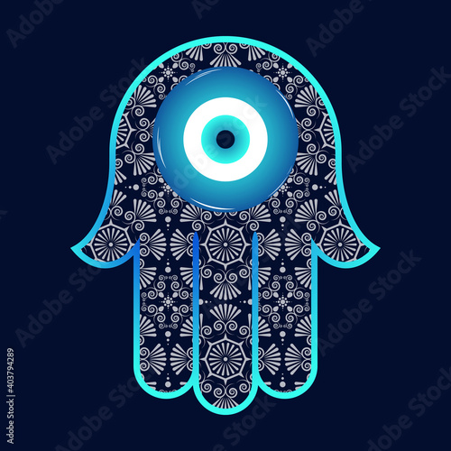 Ornate hamsa, amulet against the evil eye and spoilage. Vector