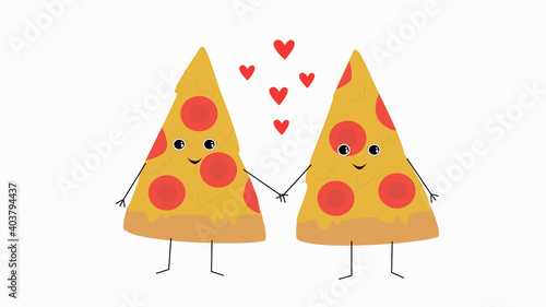 Cute pizza slices in love holding hands. Cartoon colorful food illustration. Tasty pizza characters with hearts around. Food love
