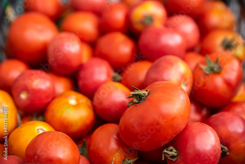Tasty vegetables with soft focus. Blurred background with tomatoes. Ripe fresh vegetables. A group of red tomatoes in the box. Harvest ready for the sale on the market.