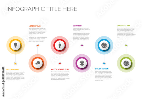 Six white circle steps timeline process infographic