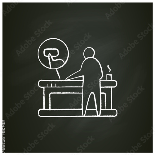 Smart table chalk icon. Man working standing. Smart emerging technologies. Contemporary workplace. Futuristic office workspace innovations concept. Isolated vector illustration on chalkboard