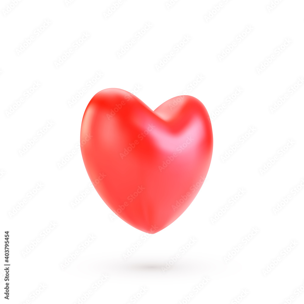 Realistic red heart with shadow isolated on white background. 3d render heart. Vector illustration