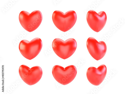 Set of realistic red valentine hearts isolated on white background. 3d render heart. Vector illustration
