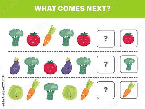 What comes next with cute kawaii vegetables-broccoli, carrot, tomato, eggplant and cabbage. Cartoon vector illustration. Logical worksheet for kids.