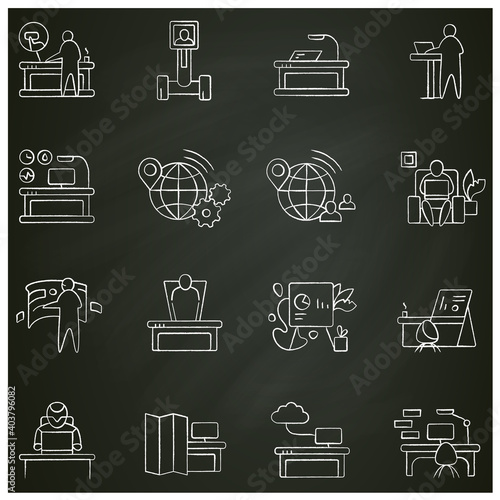 Futuristic office innovations chalk icons set. Smart table, remote management, virtual reality and more. Smart technologies. Workplace in future concept. Isolated vector illustrations on chalkboard