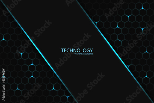 Dark technology hexagonal. Blue bright energy flashing under the hexagon in dark tech modern abstract futuristic background illustration. Geometric shape on a honeycomb grid.