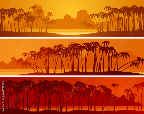 Set of horizontal banners of the beach with palm trees and cumulus clouds on the horizon at sunset.