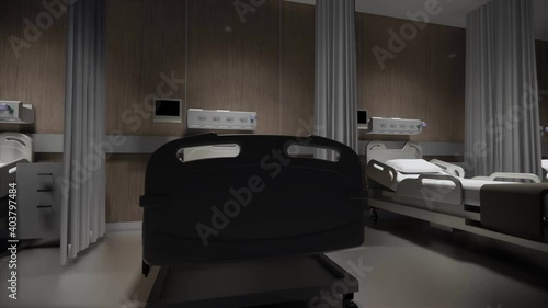 3D Rendering interior .Isolated empty bed in hospital, closeup on abandoned bed in medical room.Dark Recovery Room with Healthcare Equipment and Medical.