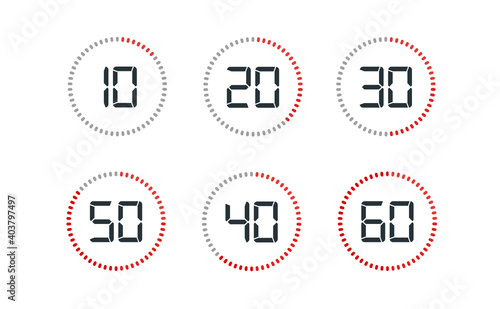 Countdown timer with ten seconds or minutes interval in modern style. Isolated on a white background