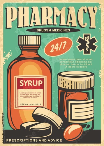 Pharmacy retro poster design with medicines, syrup, pills and medicament. Vintage sign for old apothecary. Healthcare and medical vector illustration.