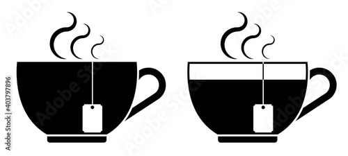tea cup icon with hot drink and steam. Morning invigorating tea for good mood. Vector