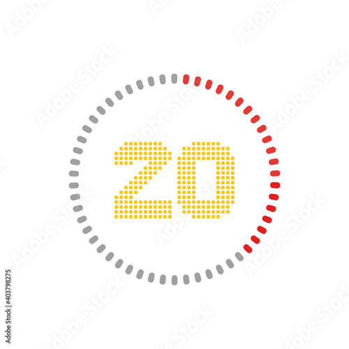 Countdown timer with twenty seconds or minutes in modern and pixel numeric style. Isolated on a white background