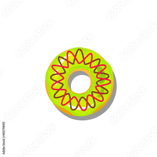 Green glaze doughnuts with chocolate and pink strip isolated on white background. Top View Doughnuts into glaze for menu design, cafe decoration, delivery box.