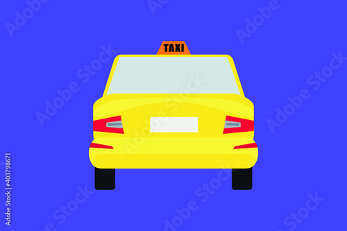 Cartoon yellow taxi car. Back view. Vector flat illustration.
