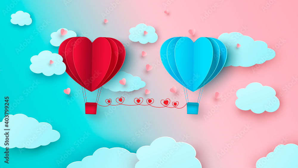 Two balloons in the form of hearts on the background of the sky with clouds. Happy valentine s day. Vector