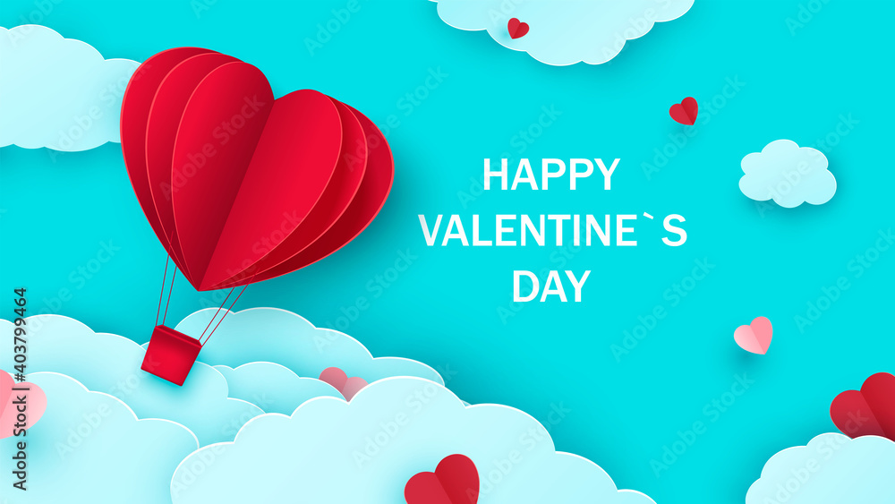 Valentine s day background with heart shaped balloon flying through the clouds. Romantic paper art in origami style. Vector