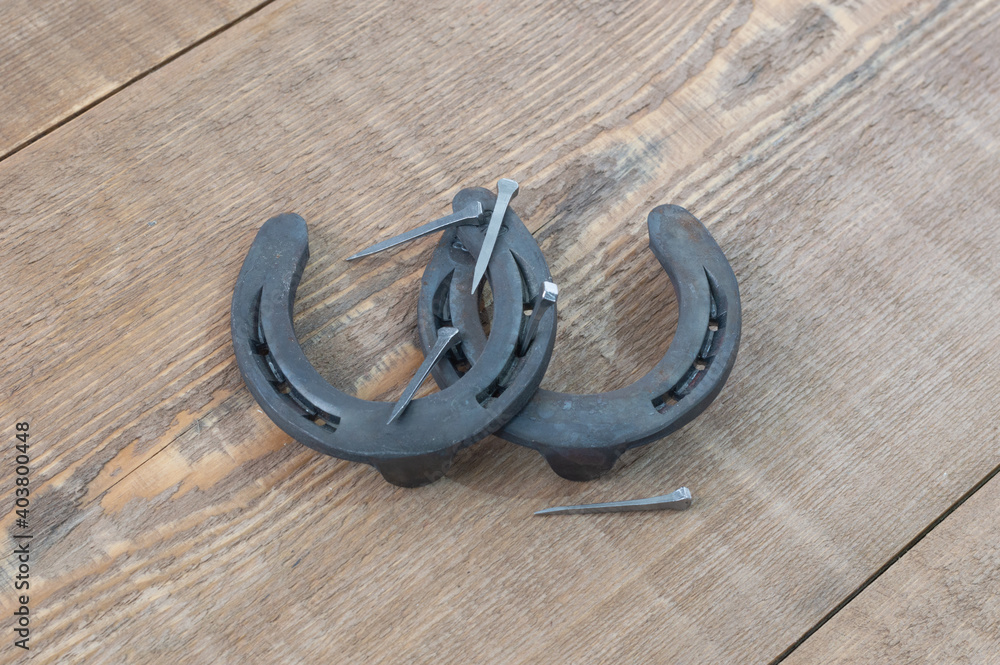 Metal horseshoes for the little ponies and nails for shoeing horses on the boards with bokeh effect Metal horseshoes for the little ponies and nails for shoeing horses on the boards with bokeh effect