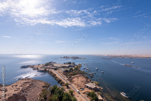 A panoramic view of the High Dam and the Nile in Aswan