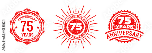 A group of 75 years anniversary logos drawn in the form of stamps, red frames for celebration. Grunge rubber stamp texture. Holiday stamps. Collection of postage stamps. Vector round stamps