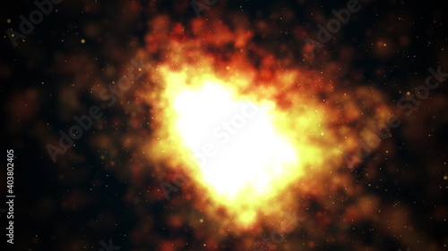 Computer generated dark background with bright fire and sparkles. 3d render of flash light