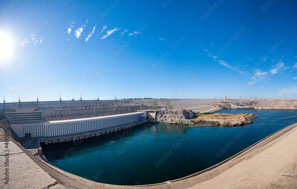 A panoramic view of the High Dam and the Nile in Aswan