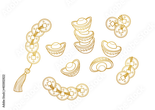 Vector set with line art illustration of Сhinese gold ingots, coins. Doodles, design elements.