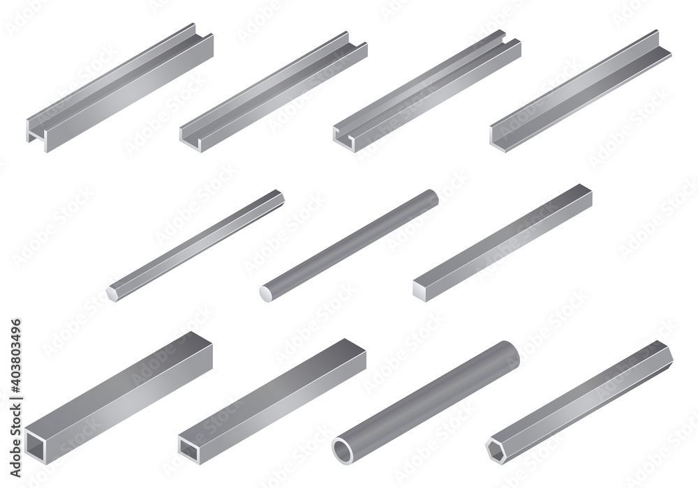 Isometric vector illustrationd different metal profile and tubes isolated on white background. Set of steel beam tubes and pipes vector icons in flat cartoon style. Steel construction materials.