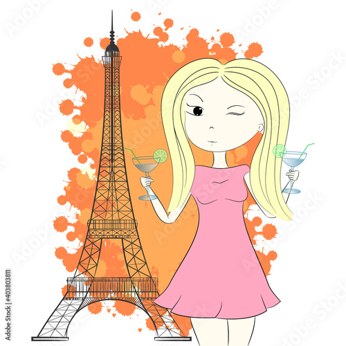 Eiffel tower and girl with the cocktails. Vector illustration.