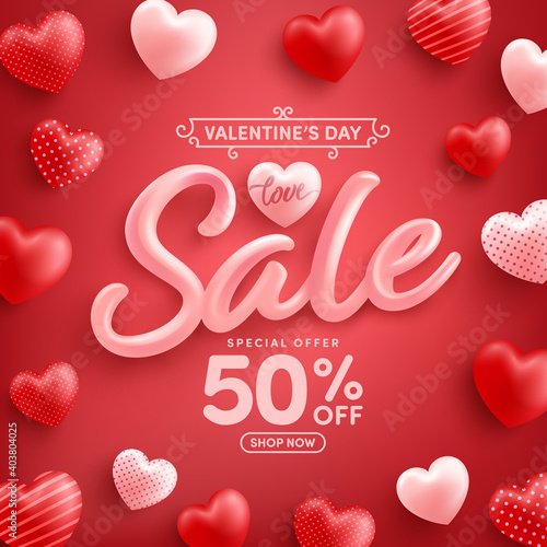 Valentine's Day Sale 50% off Poster or banner with sweet hearts on red background.Promotion and shopping template or background for Love and Valentine's day concept.