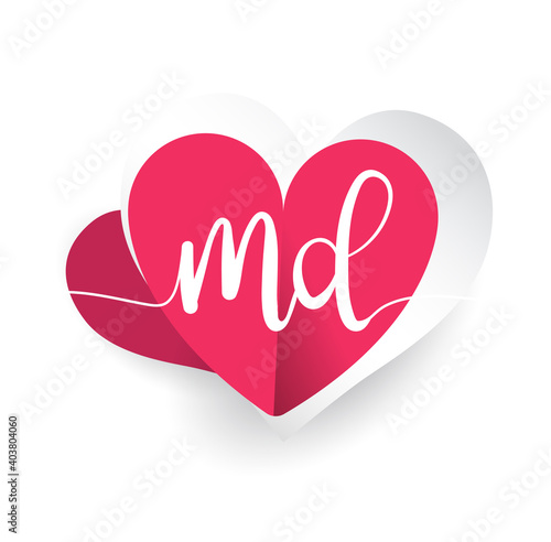 initial logo letter MD with heart shape red colored, logo design for wedding invitation, wedding name and business name.
